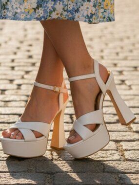 White Faux Leather Platform High Heel Sandals With Ankle Strap & Block Heel